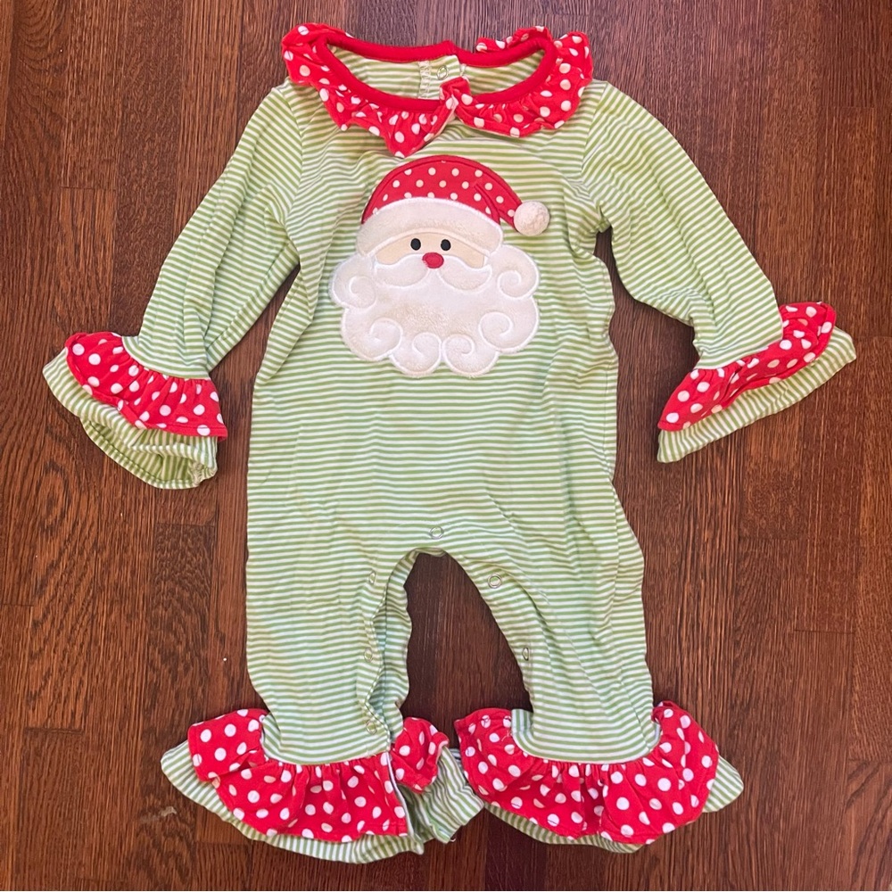 Be Mine Red Polka and Green Stripe Baby Ruffle Cuff Christmas Santa Romper 12 M